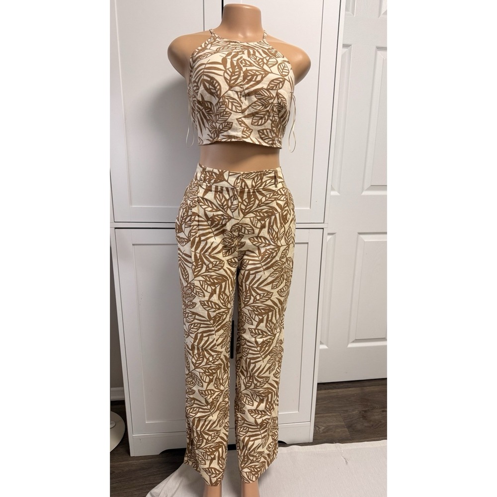 House of Harlow 1960 2pc Woven Beige/Brown Floral Halter Crop Top Pants 6